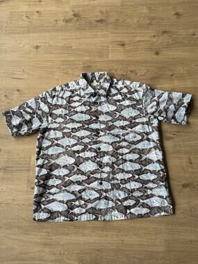 Kahala Hawaiian Shirt Mens XL Grey Blue Sea Tangle Allover Fish Print Resort